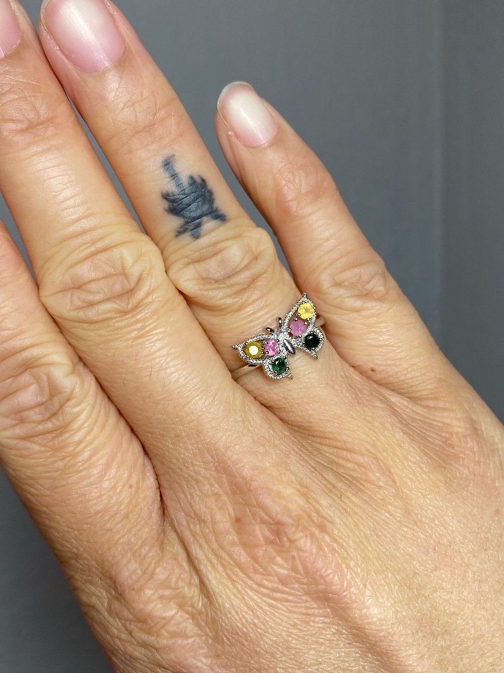 COLORFUL TOURMALINE BUTTERFLY STAINLESS STEEL SILVER ADJUSTABLE RING